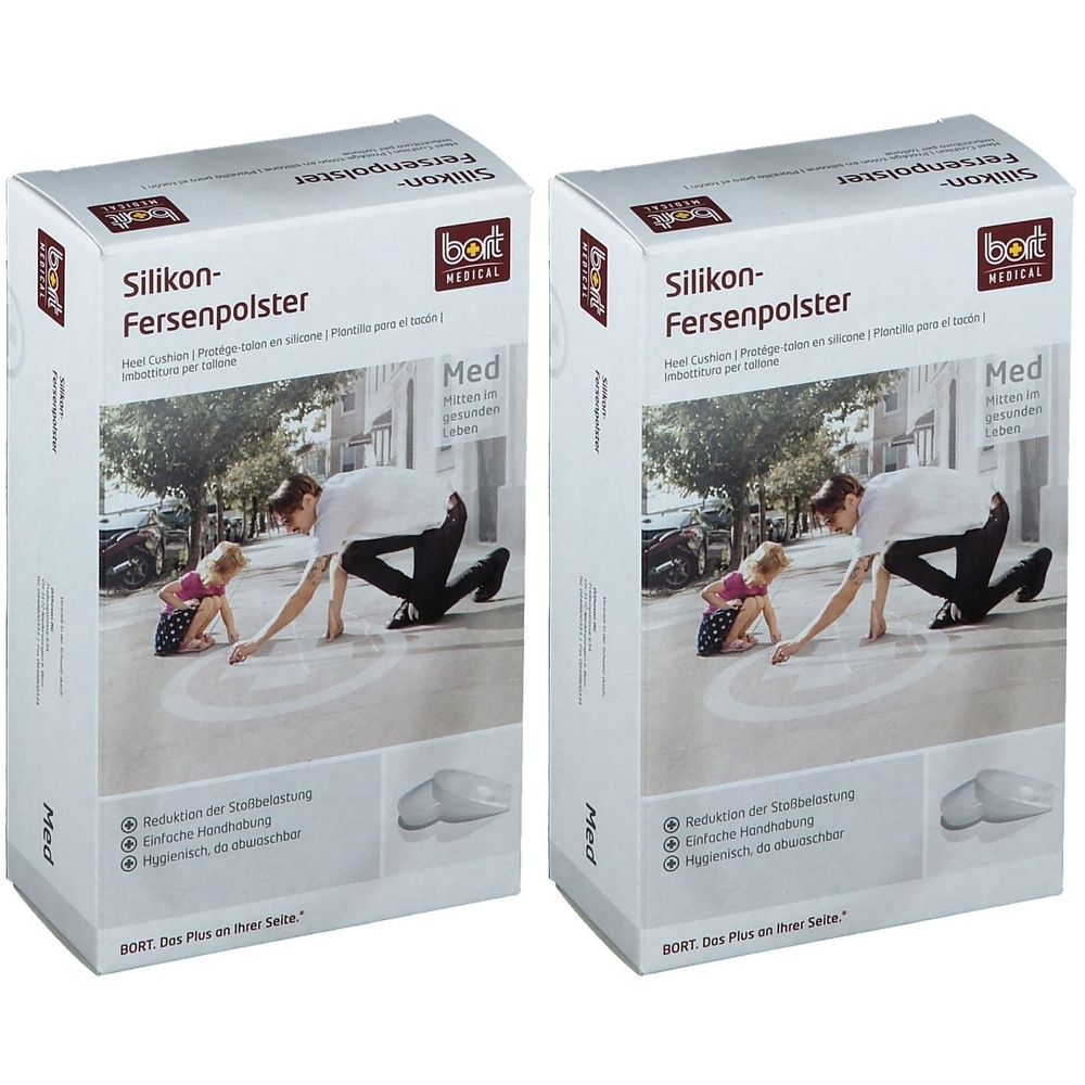 Zwei Kartons mit BORT Silikon-Fersenpolster. Aufdruck: Silikon-Fersenpolster, Med. Abbildung: Frau und Kind auf Straße.
