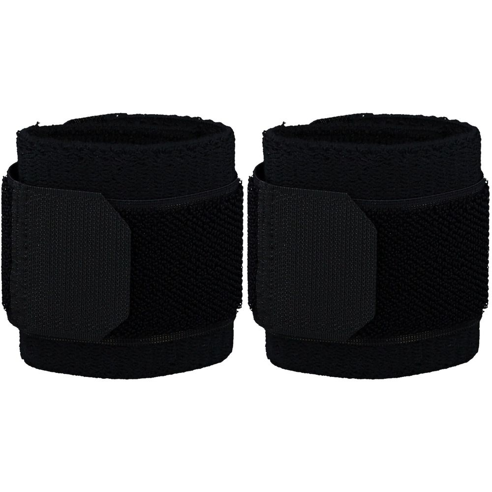 Zwei schwarze Handgelenkbandagen mit Klettverschluss. Die Bandagen sind aus Textilmaterial gefertigt.