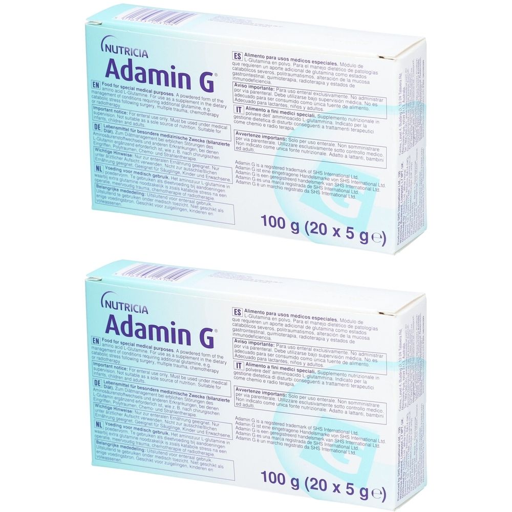 Zwei Schachteln mit der Aufschrift "Adamin G" und "Nutricia". Jede Schachtel enthält 100 g (20 x 5 g).