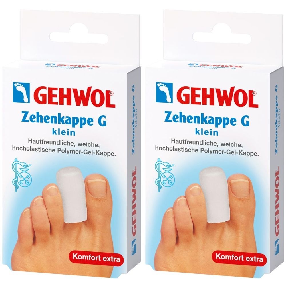 Zwei Packungen GEHWOL Zehenkappe G. Auf jeder Packung ist ein Zeh mit einer weißen Kappe abgebildet. Text: Komfort extra.