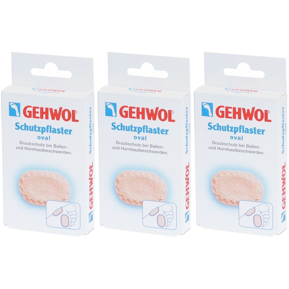 Drei Packungen Schutzpflaster. Weiße Kartons mit Produktabbildung und Text. Ovale Pflasterform, rosa. Marke GEHWOL.