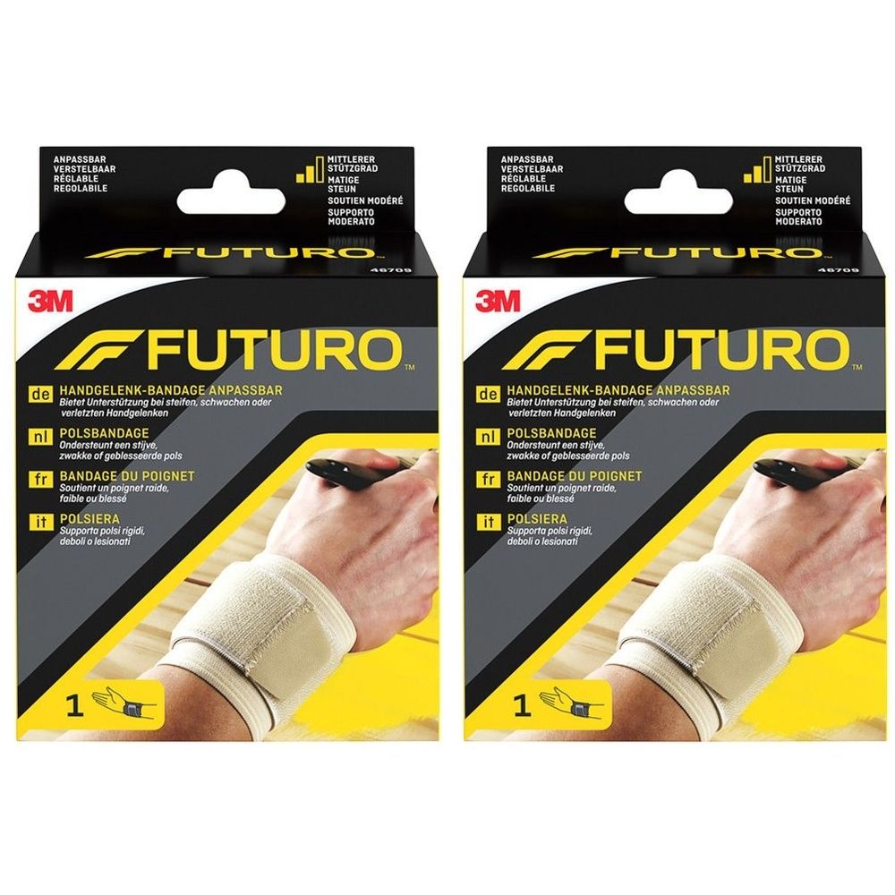FUTURO Handgelenk-Bandage, verstellbar. Verpackung mit zwei Bandagen. Aufschrift: 3M FUTURO. Bandage am Handgelenk, beige.