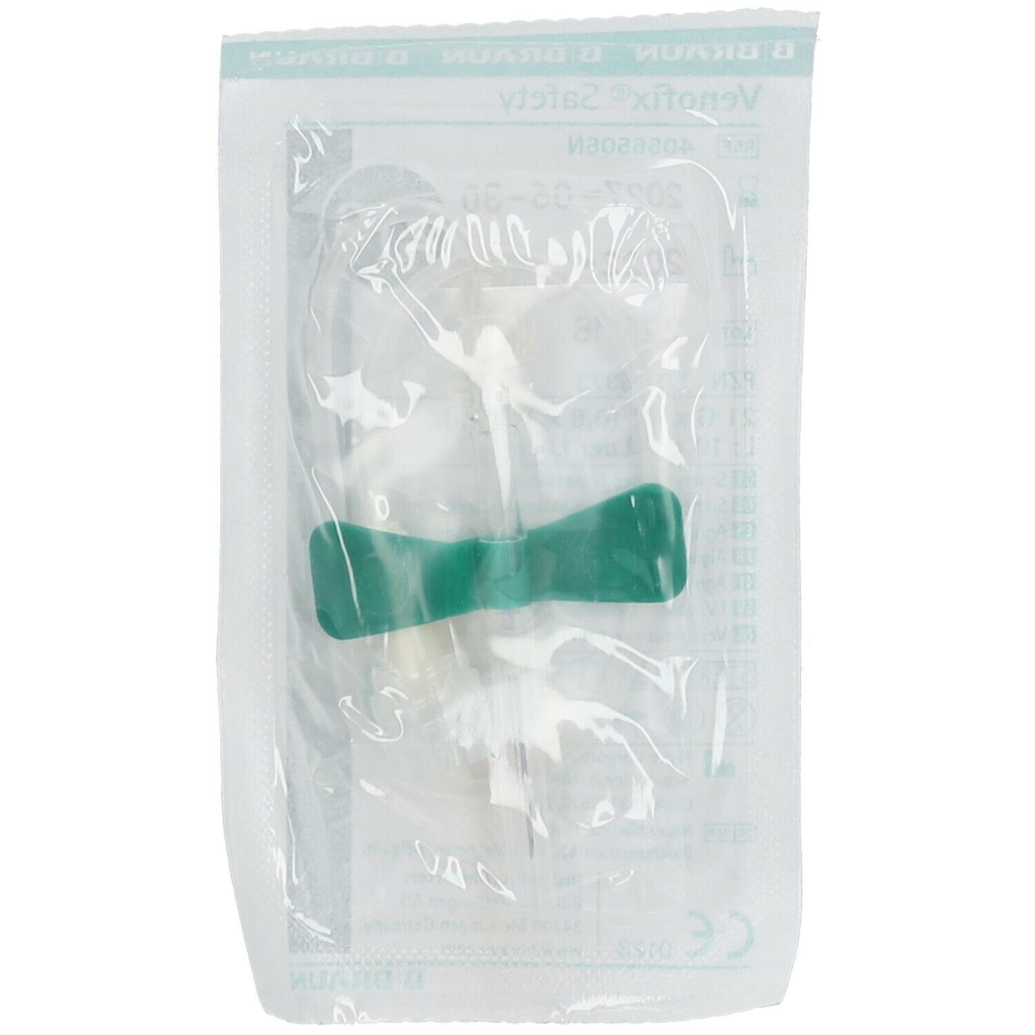 Verpackte Venenpunkt. Sichtbar ist ein grüner Flügelgriff und ein transparenter Schlauch. Aufschrift: Venofix Safety.
