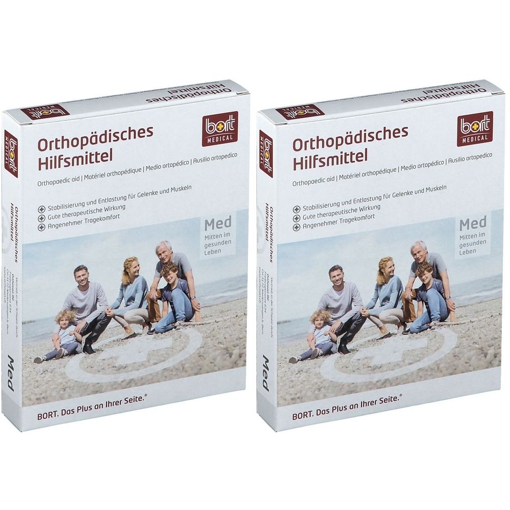 Zwei weiße Kartons mit dem Aufdruck "Orthopädisches Hilfsmittel". Aufschrift "BORT MEDICAL". Familienfoto auf der Vorderseite.