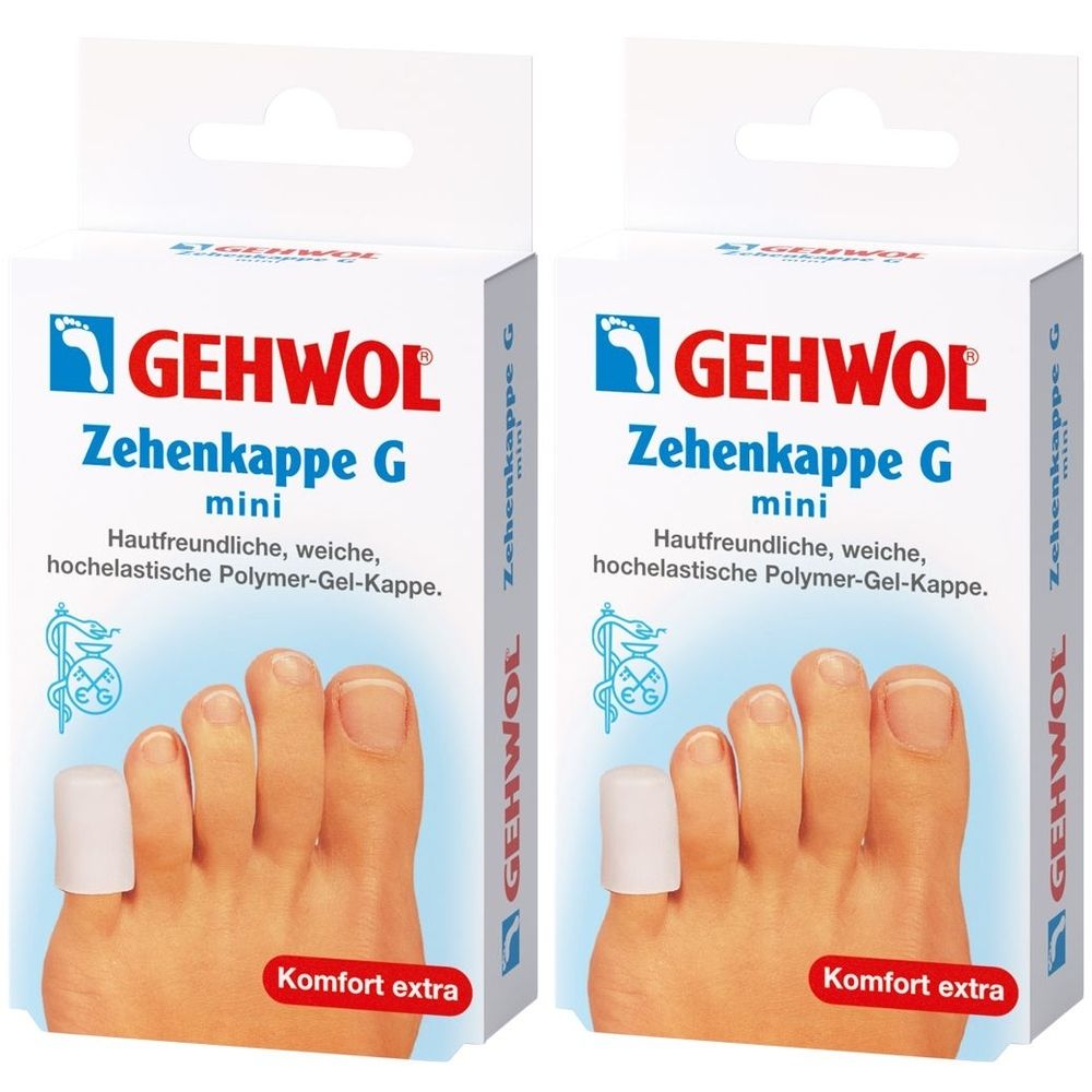 Zwei Packungen GEHWOL Zehenkappe G mini. Weiße Kappen auf Zehen abgebildet. Aufschrift: Hautfreundliche, weiche, hochelastische Polymer-Gel-Kappe.