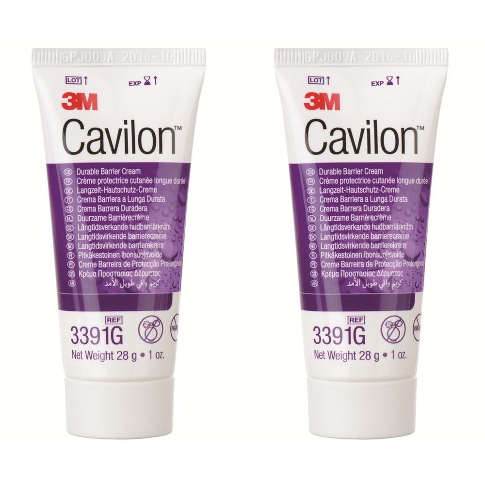 Zwei Tuben 3M Cavilon Hautschutz-Creme. Weiße Tuben mit lila Akzenten und Produktinformationen. Aufschrift Cavilon.