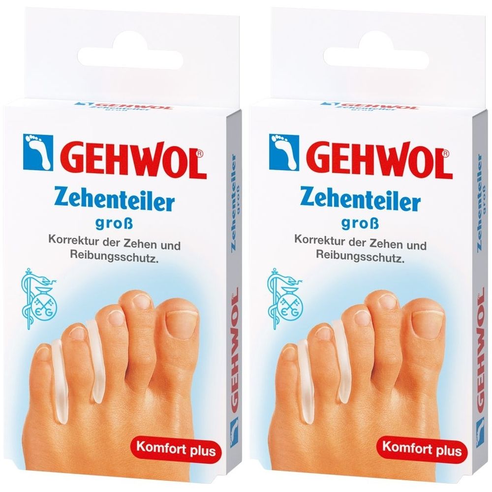 Zwei Packungen Zehenteiler. Aufschrift GEHWOL, Zehenteiler groß, Komfort plus. Zehen auf menschlichem Fuß mit Zehenteilern.