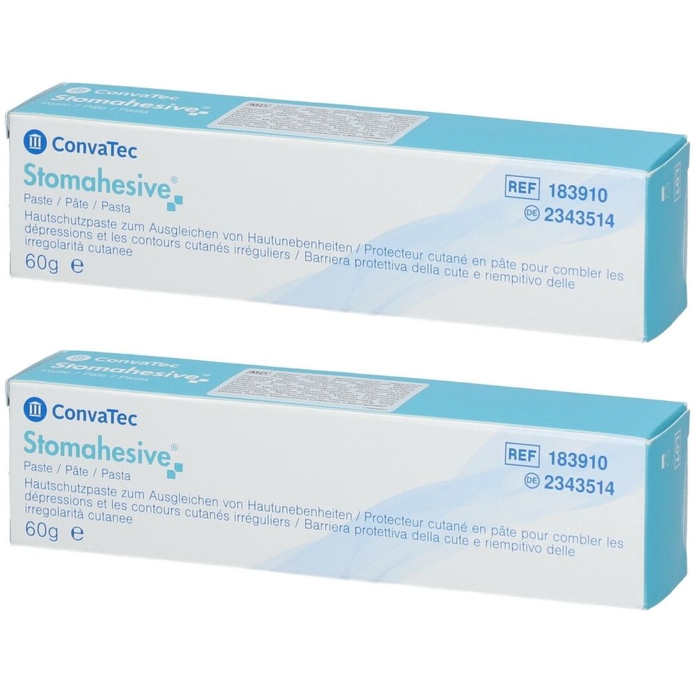 Zwei Tuben Stomahesive Hautschutzpaste. Weiße Tuben mit blauer Schrift und Verpackung. Enthält 60g.