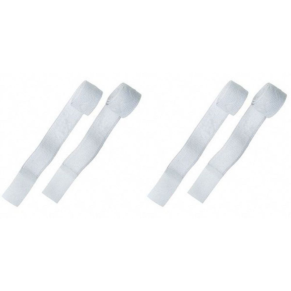 Vier weiße Gurte mit Klettverschluss. Die Gurte sind lang und schmal, mit einem breiteren, gerollten Ende.