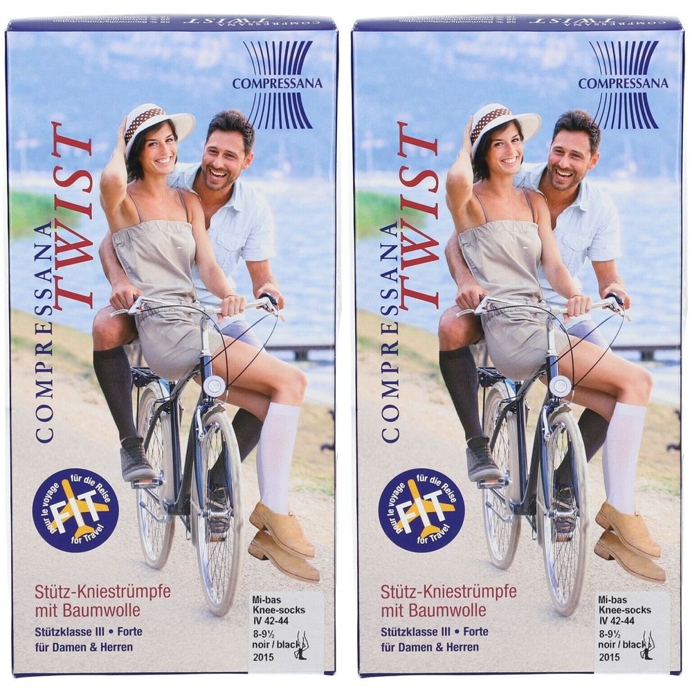 Zwei Produktverpackungen. Aufdruck: COMPRESSANA Twist, Stütz-Kniestrümpfe mit Baumwolle. Abbildung: Paar auf Fahrrad.