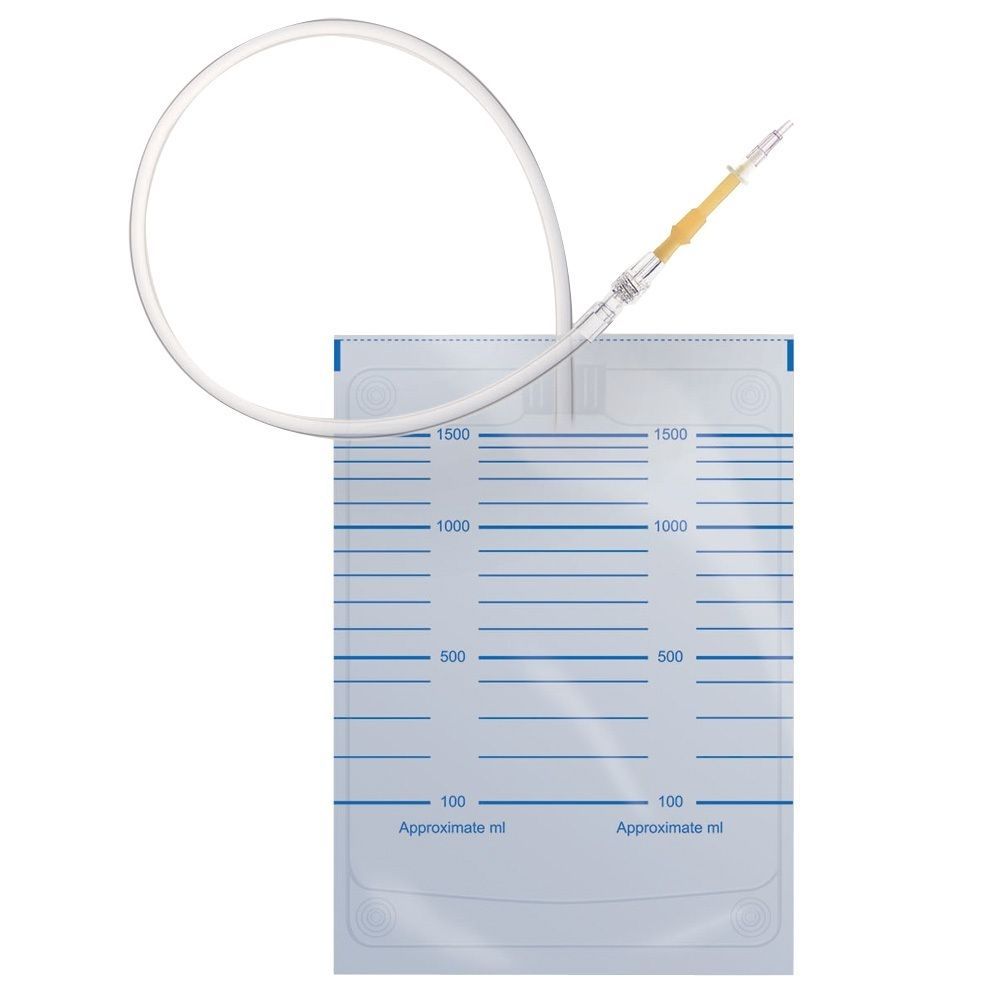 Beutel mit Skala und Schlauch. Der Beutel hat eine blaue Skala mit ml-Angaben. Ein transparenter Schlauch ist am Beutel befestigt.