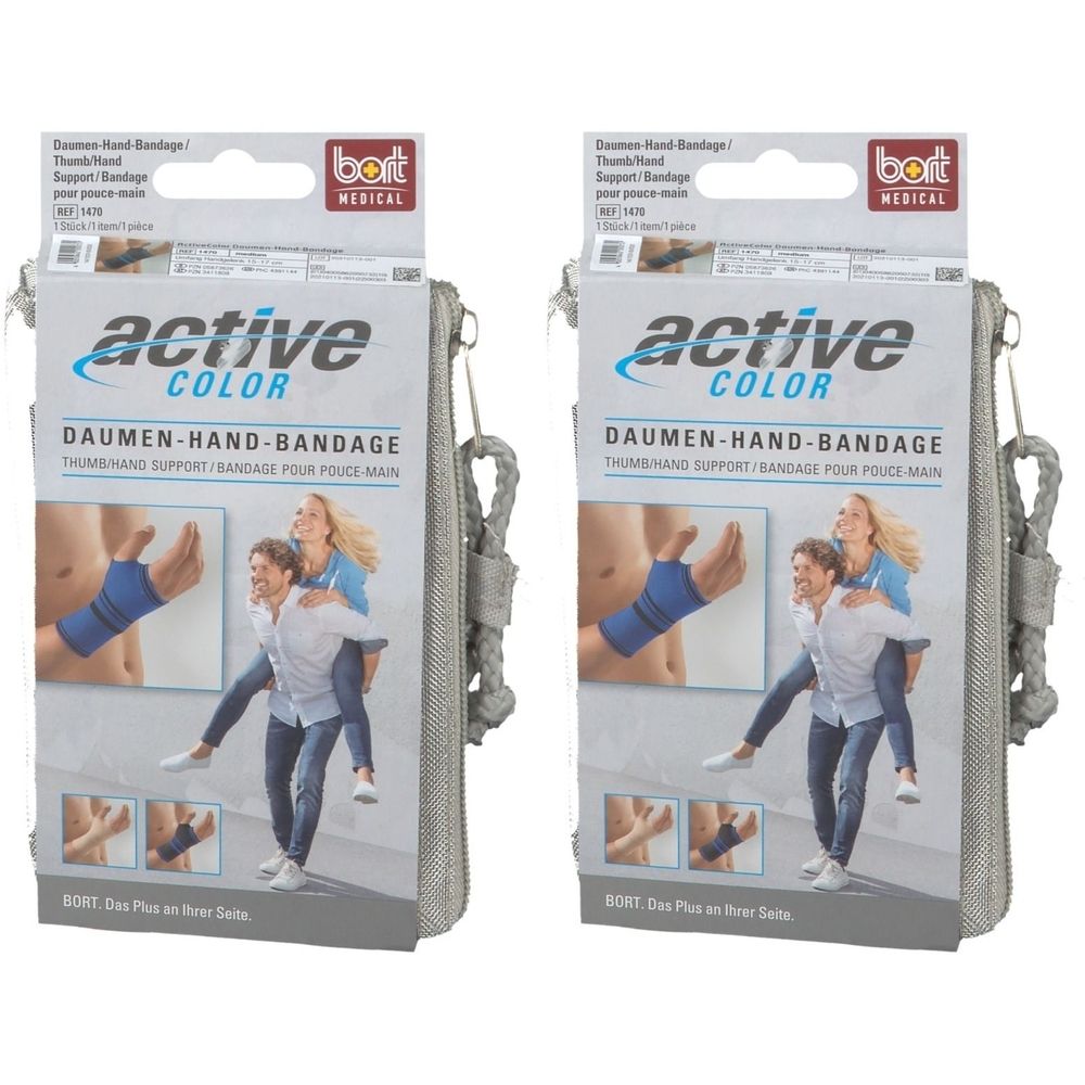 Zwei Packungen Daumen-Hand-Bandage. Aufschrift: Active Color, Daumen-Hand-Bandage, BORT Medical. Graue Verpackung mit Trageschlaufe.