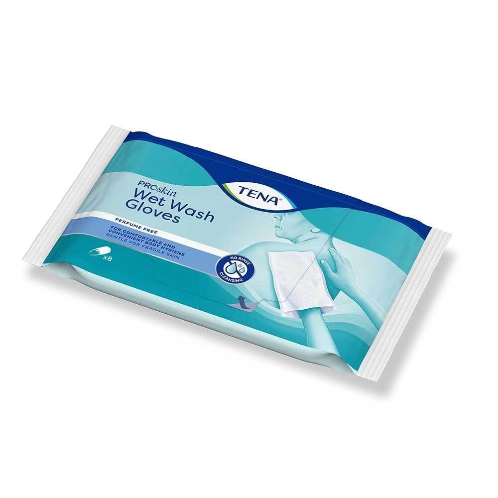 Verpackung mit TENA Wet Wash Gloves. Blaue und weiße Verpackung mit Produktbezeichnung und Logo. Parfümfrei.