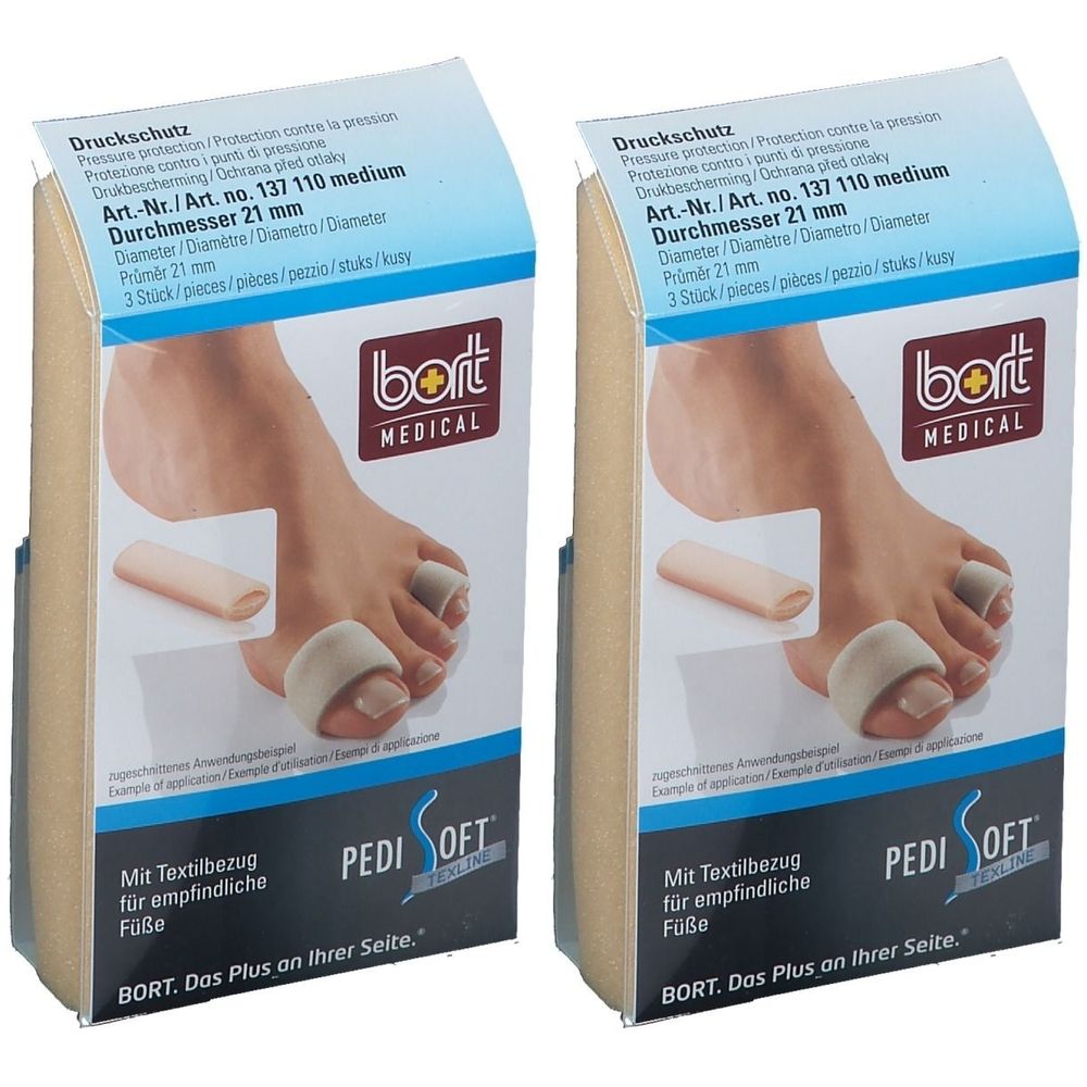Zwei Packungen BORT PediSoft TexLine Druckschutz. Aufdruck: Art.-Nr. 137 110 medium, Durchmesser 21 mm. Mit Textilbezug für empfindliche Füße.