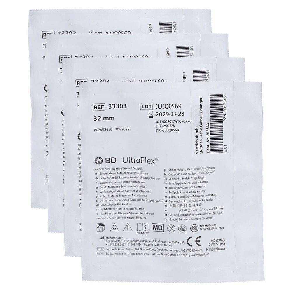 Vier sterile Einzelverpackungen. Aufdrucke: REF 33303, 32 mm, LOT JUJQ0569, 2029-03-28, BD UltraFlex. CE-Kennzeichnung.