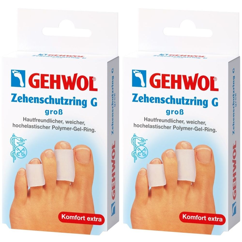 Zwei Packungen GEHWOL Zehenschutzring G. Aufschrift: groß, hautfreundlicher, weicher, hochelastischer Polymer-Gel-Ring. Füße mit Zehenschutzringen.