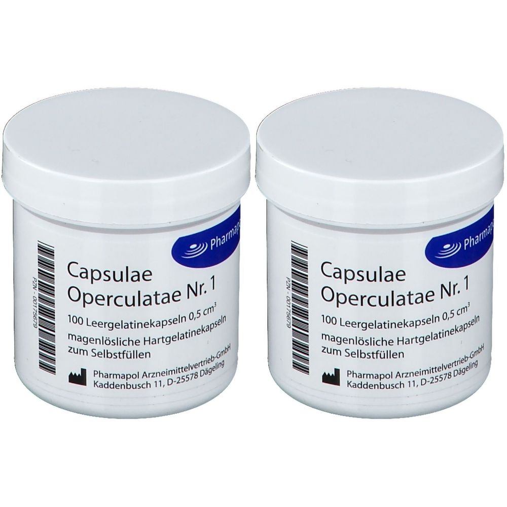 Zwei weiße Kunststoffdosen mit Deckel. Aufschrift: Capsulae Operculatae Nr. 1, 100 Leergelatinekapseln 0,5 cm². Barcode und Firmenlogo.