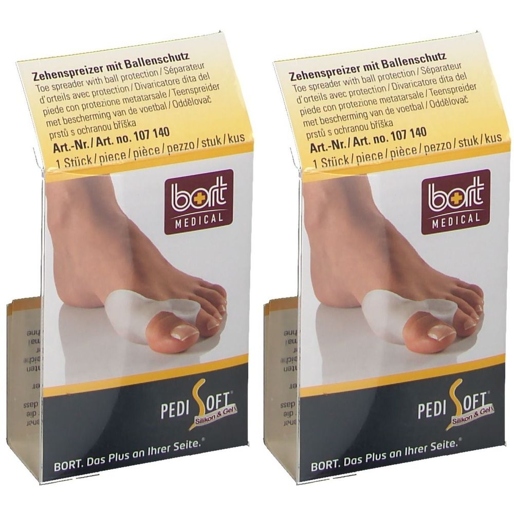 Zwei Packungen Zehenspreizer mit Ballenschutz. Marke BORT MEDICAL. Produkt PediSoft. Weiße Zehenspreizer im Karton.