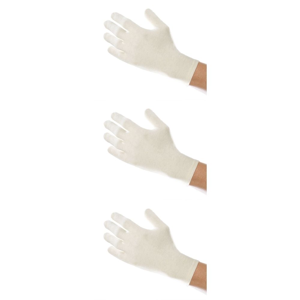 Drei cremefarbene Handschuhe, Größe 9-10, auf weißen Armen. Die Handschuhe sind aus Stoff und bedecken die Hände.