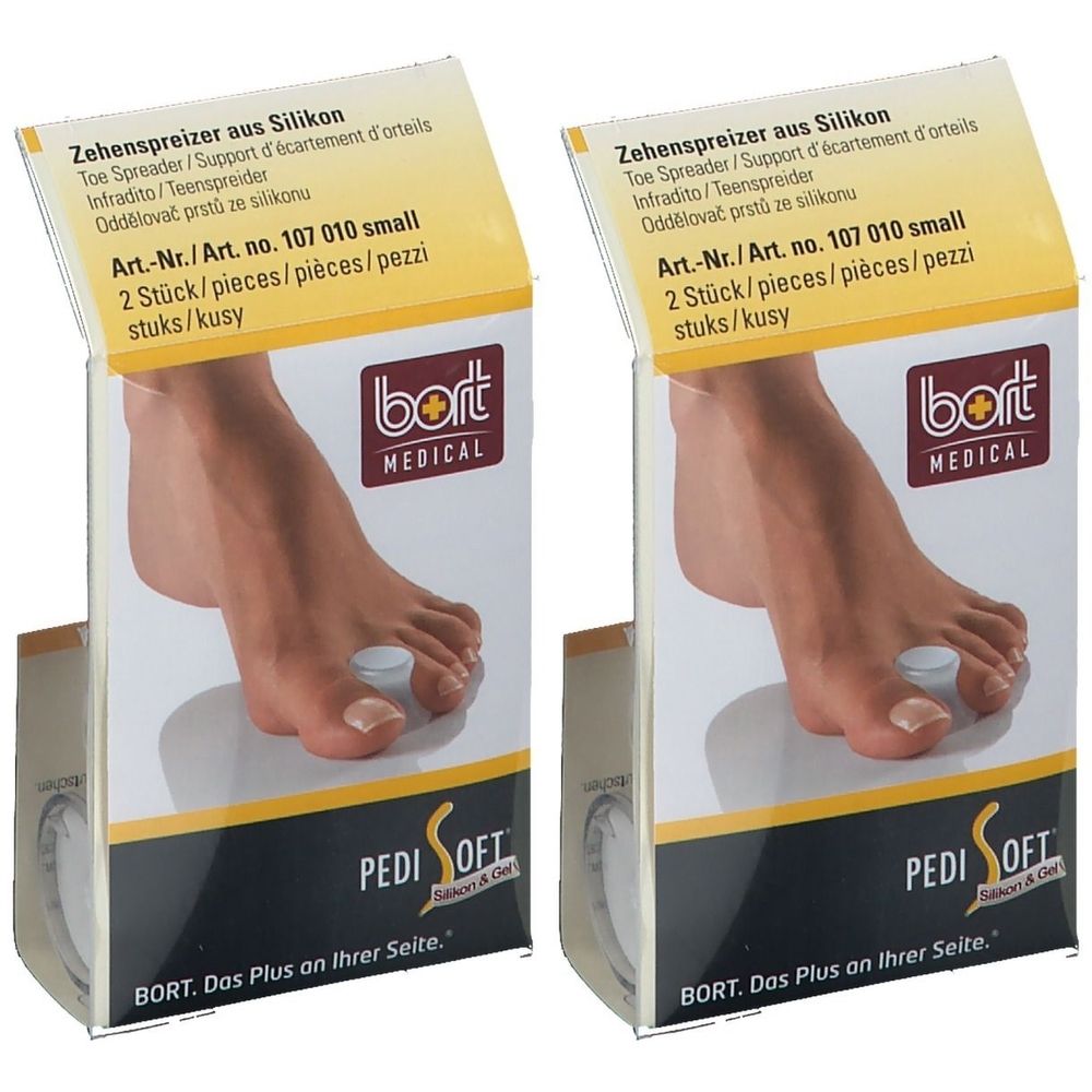 Verpackung mit Zehenspreizer aus Silikon. Enthält zwei Stück. Marke: BORT MEDICAL. Produktname: PediSoft.