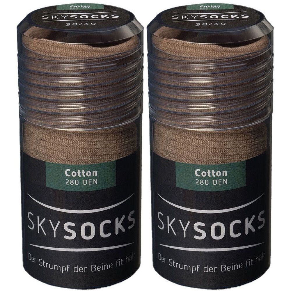 Zwei Strümpfe in zylindrischen Behältern. Aufschrift: SKYSOCKS, Cotton 280 DEN, Größe 38/39. Beige Strümpfe in transparenter Verpackung.