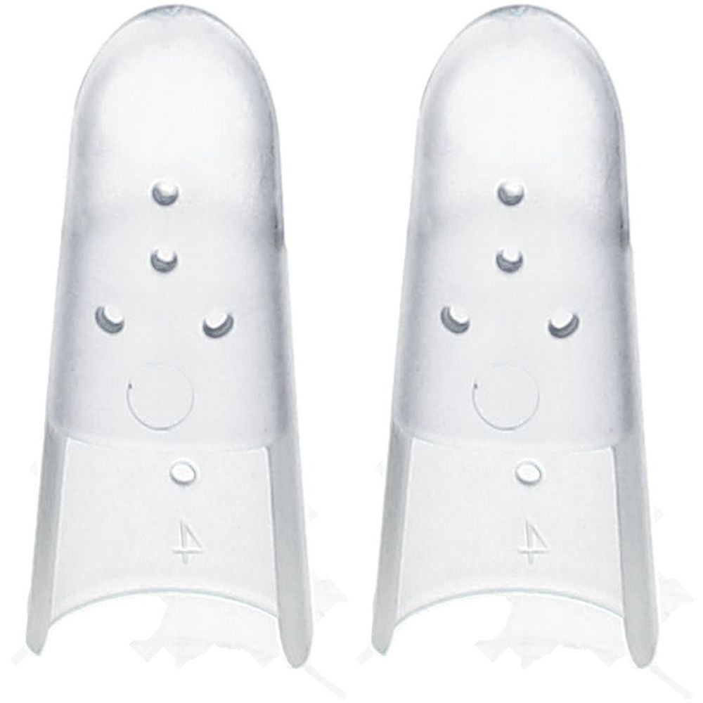 Zwei transparente, fingerförmige Schienen. Jede Schiene hat drei kleine Löcher und die Zahl 4. Material: Kunststoff.