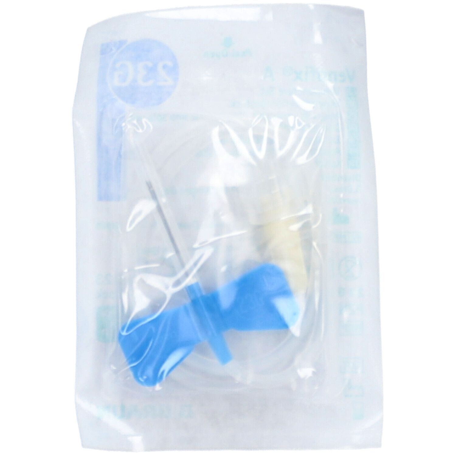 Venenpunktionsbesteck in Folienverpackung. Enthält eine blaue Flügelkanüle mit Schlauch. Verpackung mit Aufdruck.