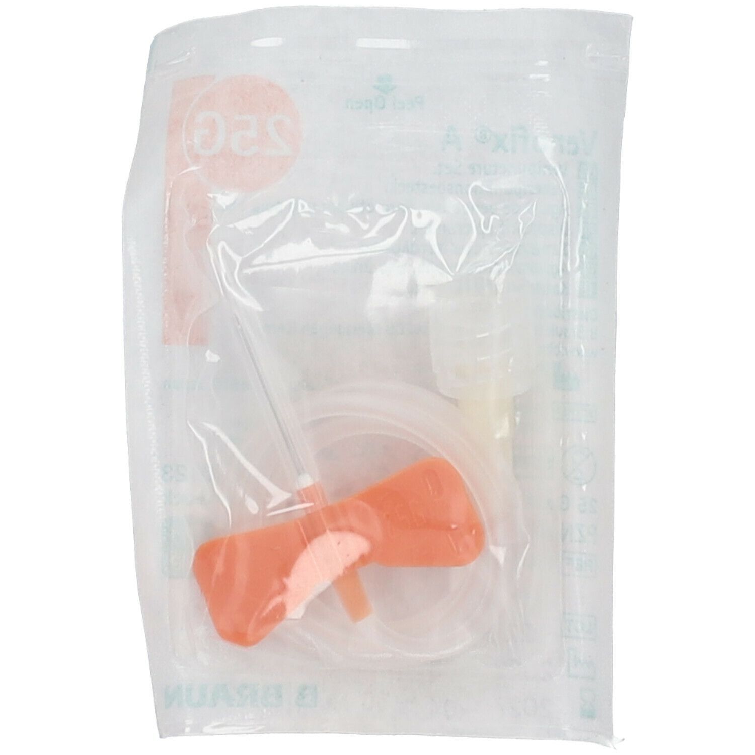 Medizinprodukt in transparenter Verpackung. Orangefarbener Flügelkatheter mit transparentem Schlauch. Sichtbare Details.