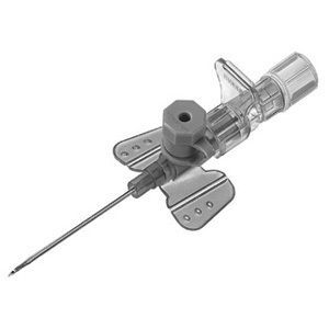 Graue Braunüle. Kunststoff, Metall. Flügel, Konnektor, Nadel. Steril. Medizinprodukt.