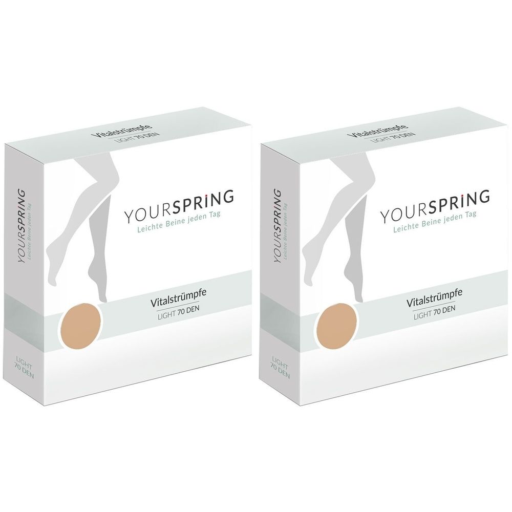 Zwei Kartons mit Strümpfen. Aufschrift YOURSPRING, Vitalstrümpfe, LIGHT 70 DEN. Abbildung von Beinen auf der Verpackung.