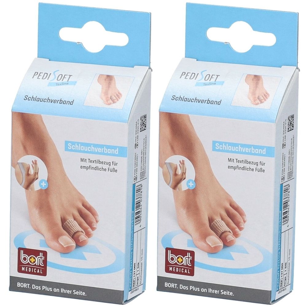 Zwei Kartons mit Schlauchverband. Aufdruck: PediSoft, bort MEDICAL. Produktabbildung am Fuß. Textilbezug für empfindliche Füße.