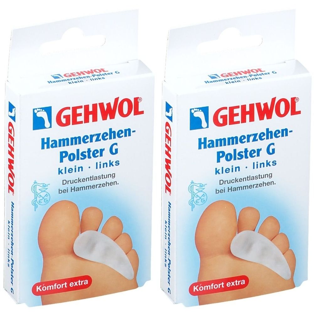 Zwei Packungen mit dem Produkt GEHWOL Hammerzehen-Polster G. Weiße Verpackung mit Produktname, Fußabbildung und Produktabbildung.