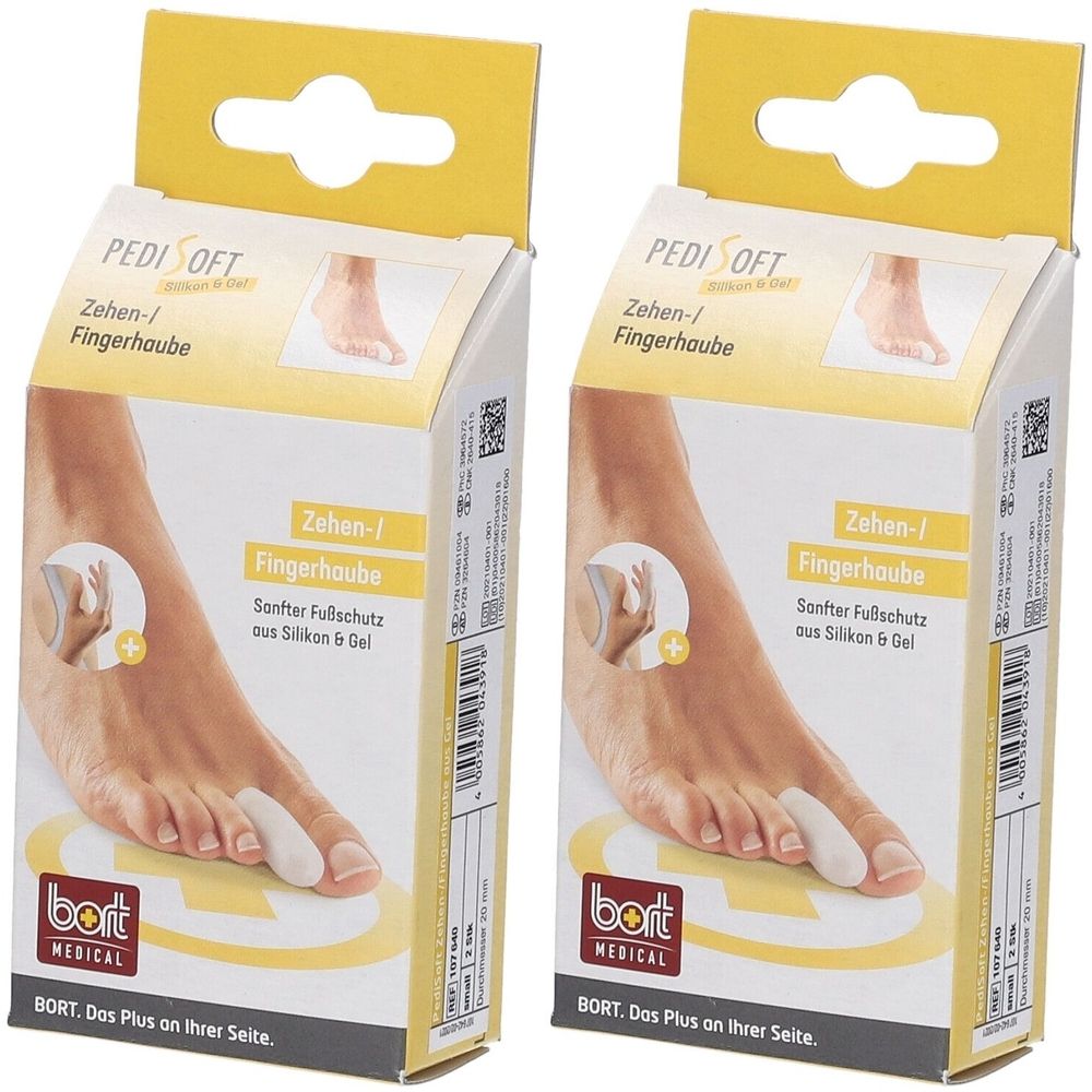 Zwei Produktverpackungen. Auf jeder Verpackung ist ein Zehenschutz aus Silikon und Gel abgebildet. Marke: bort MEDICAL.