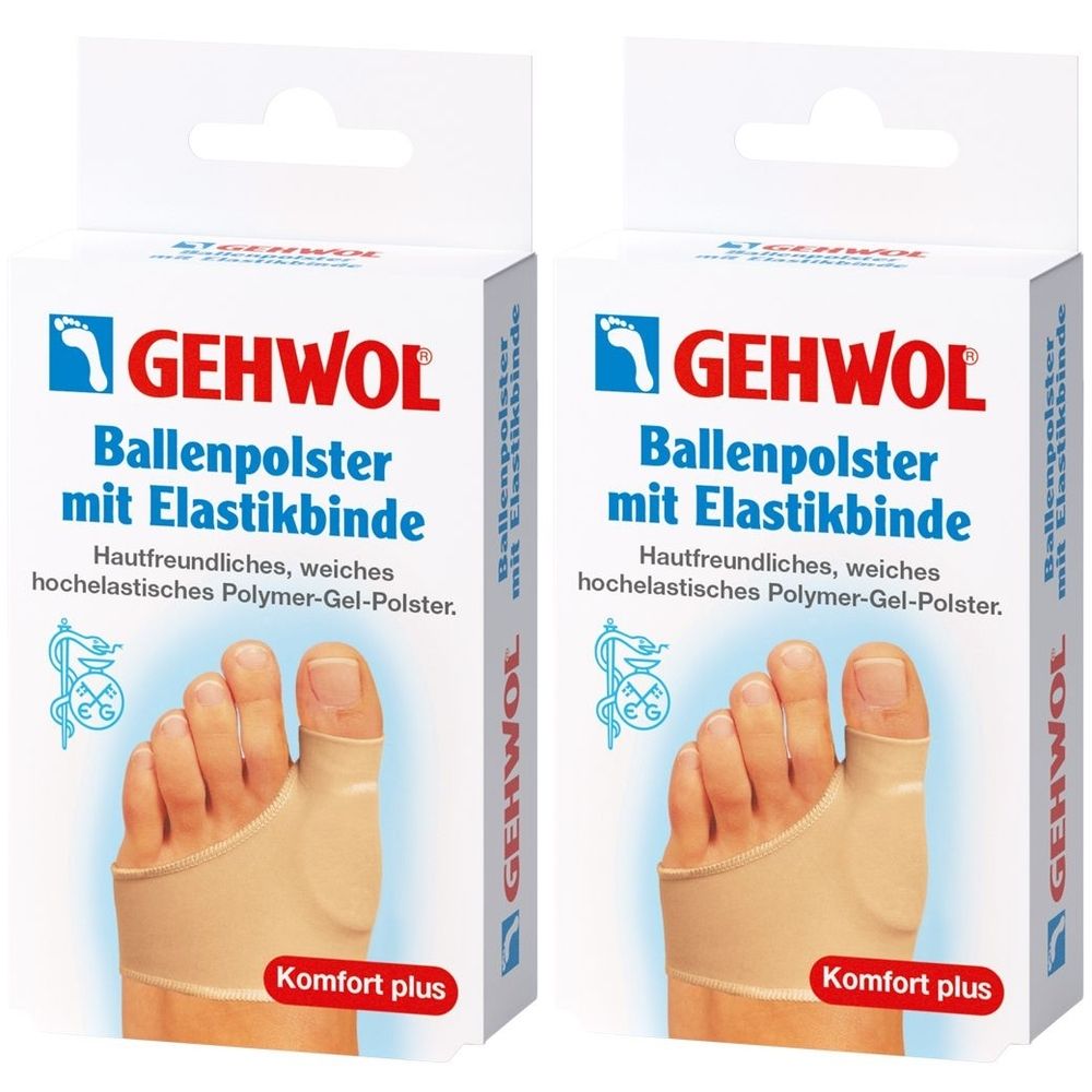 Zwei Packungen GEHWOL Ballenpolster mit Elastikbinde. Weiße Verpackung mit Produktabbildung und Schriftzug. Komfort plus.