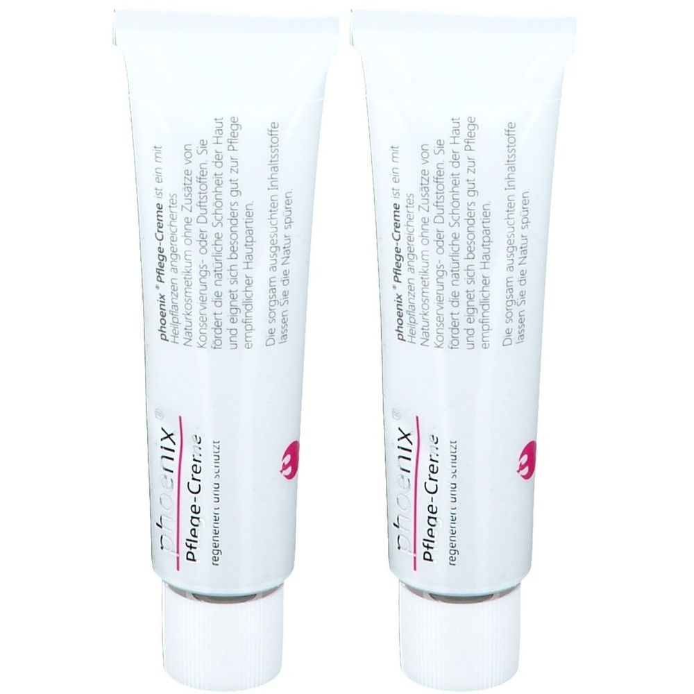 Zwei weiße Tuben. Auf jeder steht "Phönix Pflege-Creme". Text und Logo sind aufgedruckt. Die Tuben sind nebeneinander angeordnet.