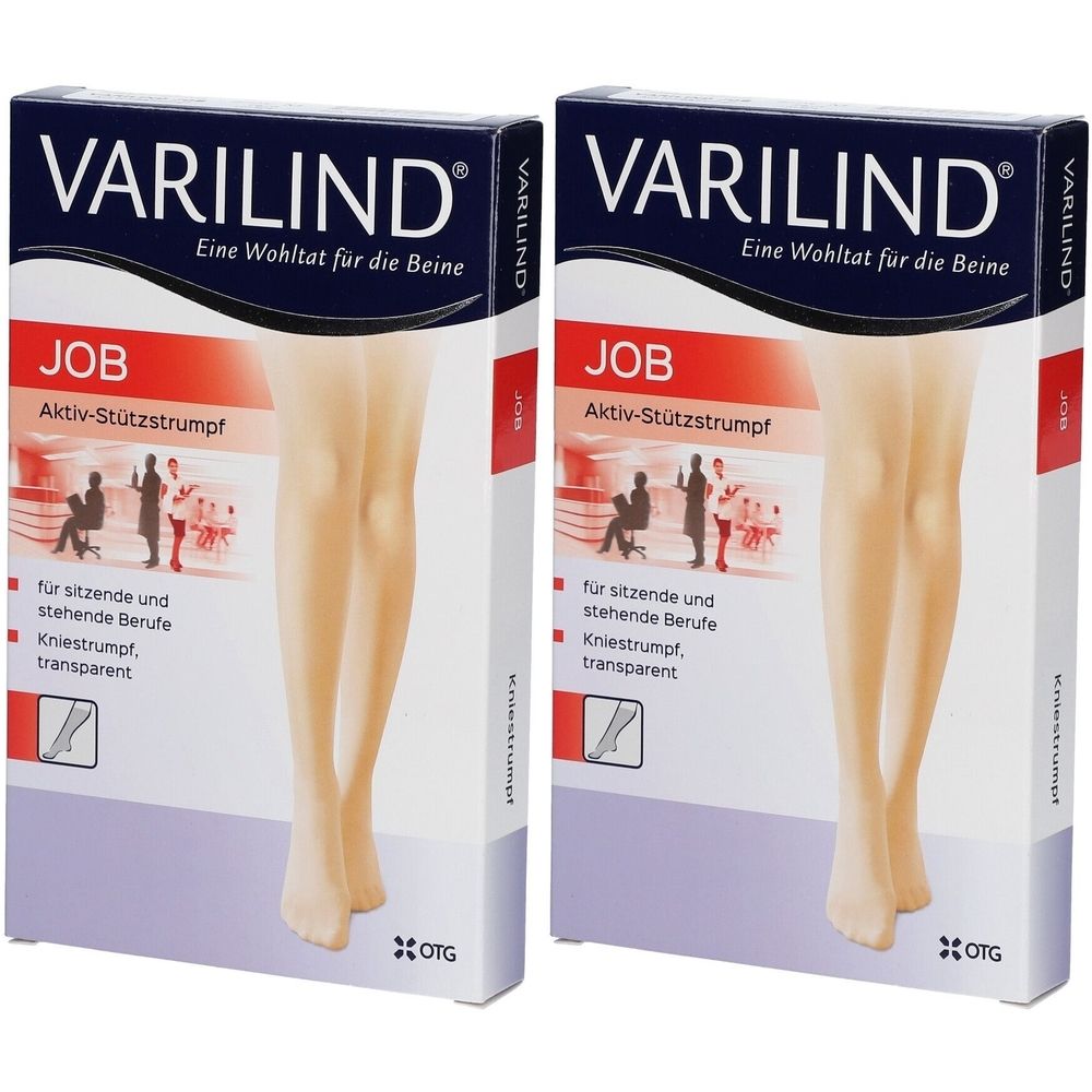 Zwei Packungen VARILIND Job Kniestrümpfe. Aufdruck: Aktiv-Stützstrumpf, transparent, für sitzende und stehende Berufe. OTG Logo.