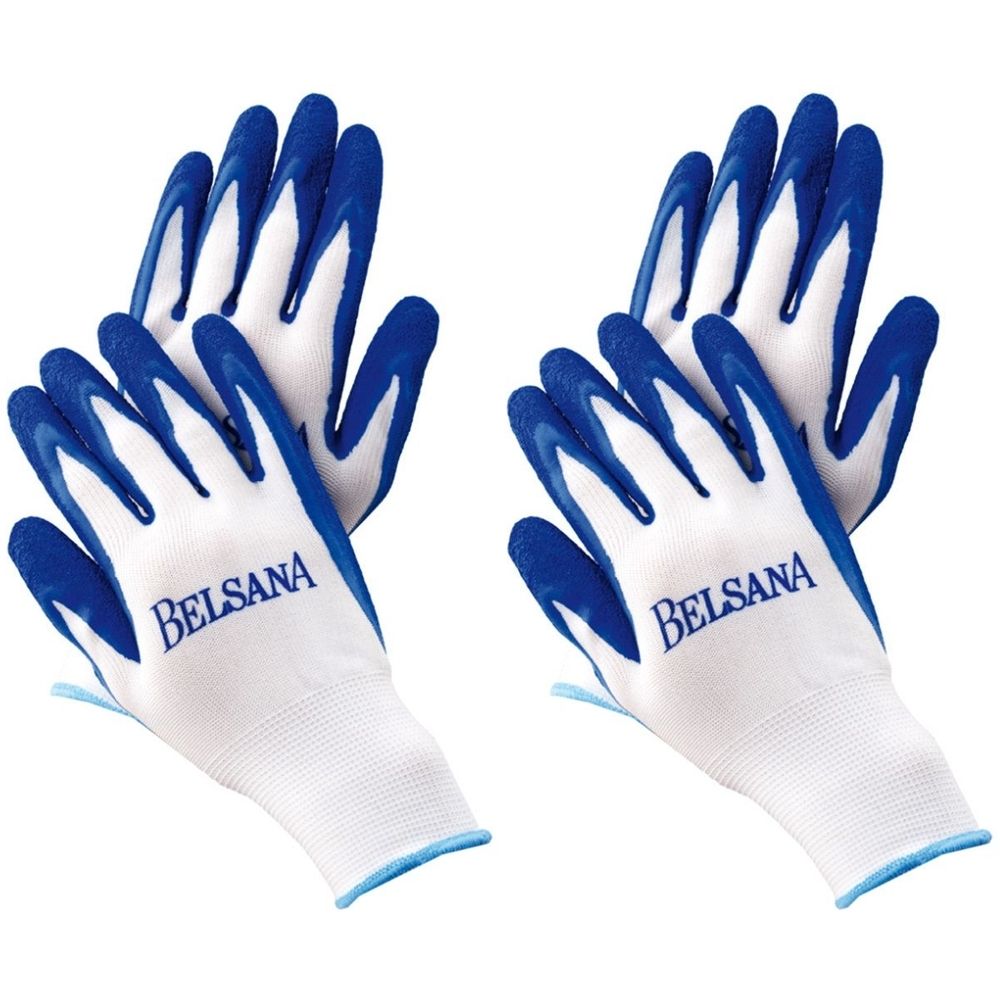 Mehrere weiße Handschuhe mit blauen Fingerspitzen und Bündchen. Aufgedruckter Markenname BELSANA.