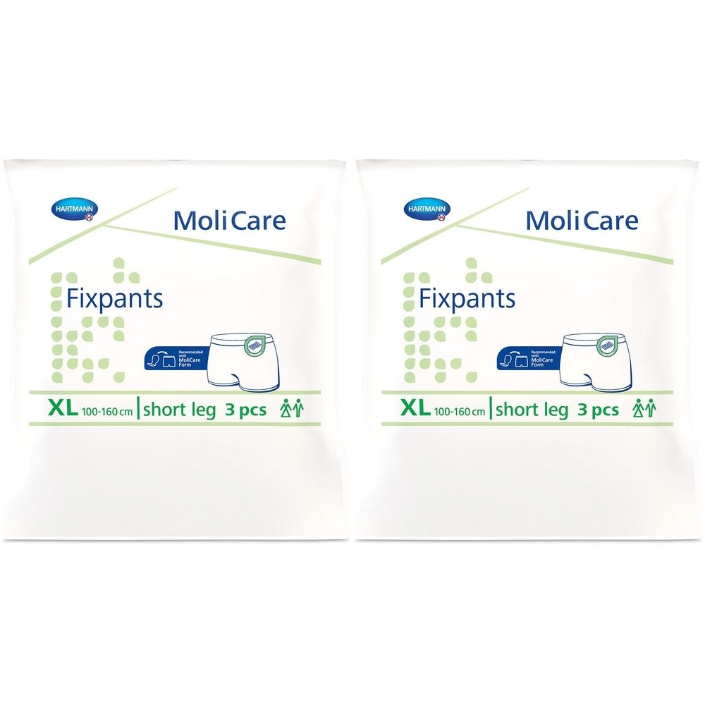 Zwei Packungen MoliCare Fixpants. Aufschrift: XL, short leg, 3 Stück. Illustration einer Unterhose. Marke Hartmann.