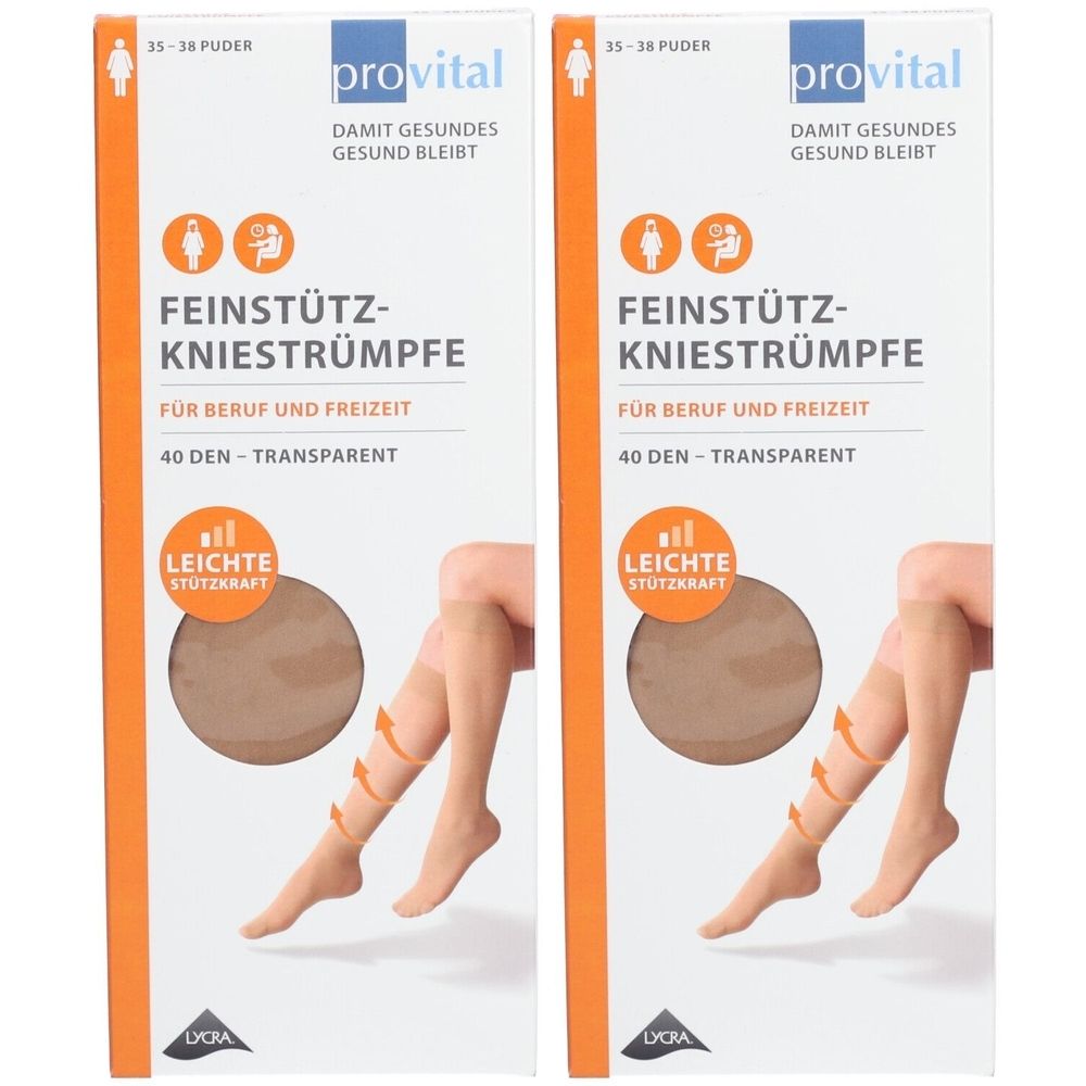 Zwei Packungen Feinstütz-Kniestrümpfe. Aufschrift: provital, 40 DEN, transparent, Größe 35-38. Abbildung eines Beins mit Strumpf.