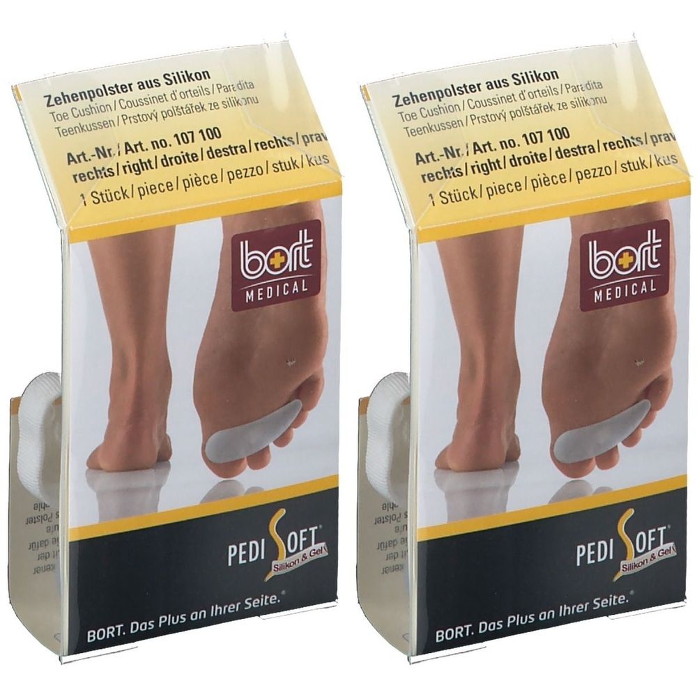 Verpackung mit zwei Zehenpolstern aus Silikon. Marke BORT MEDICAL. Produktname PediSoft. Aufdruck: rechts.
