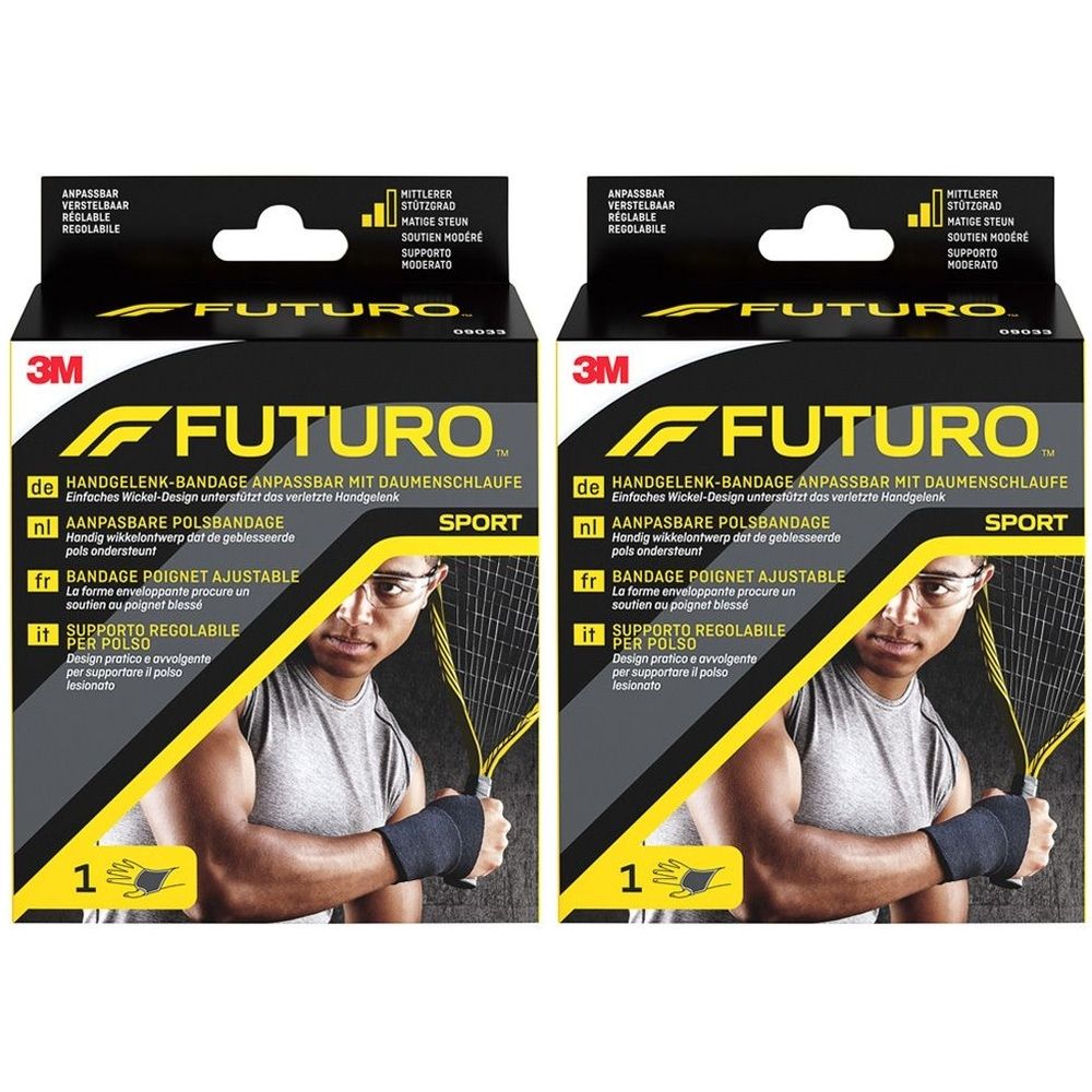Zwei FUTURO Sport Handgelenk-Bandagen-Verpackungen. Schwarze Bandage mit Daumenschlaufe. Aufdrucke in Deutsch, Niederländisch, Französisch und Italienisch.