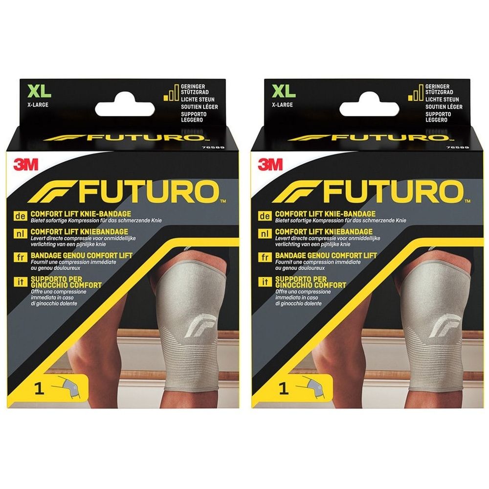 Zwei Packungen FUTURO Comfort Knie-Bandage, Größe XL. Die Bandage ist beige und wird am Bein gezeigt. Auf der Verpackung steht FUTURO und 3M.
