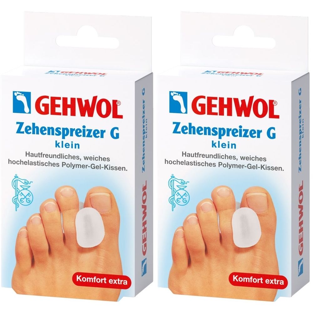 Zwei Packungen mit Zehenspreizern. Auf der Verpackung steht GEHWOL, Zehenspreizer G klein. Ein Fuß mit Zehenspreizer.