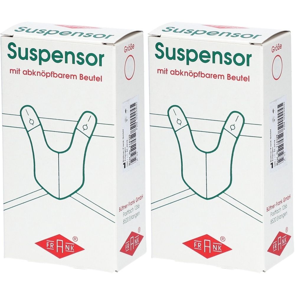 Zwei weiße Kartons mit der Aufschrift "Suspensor". Aufdruck eines grünen Umrisses. Marke "FRANK" in rotem Diamanten.