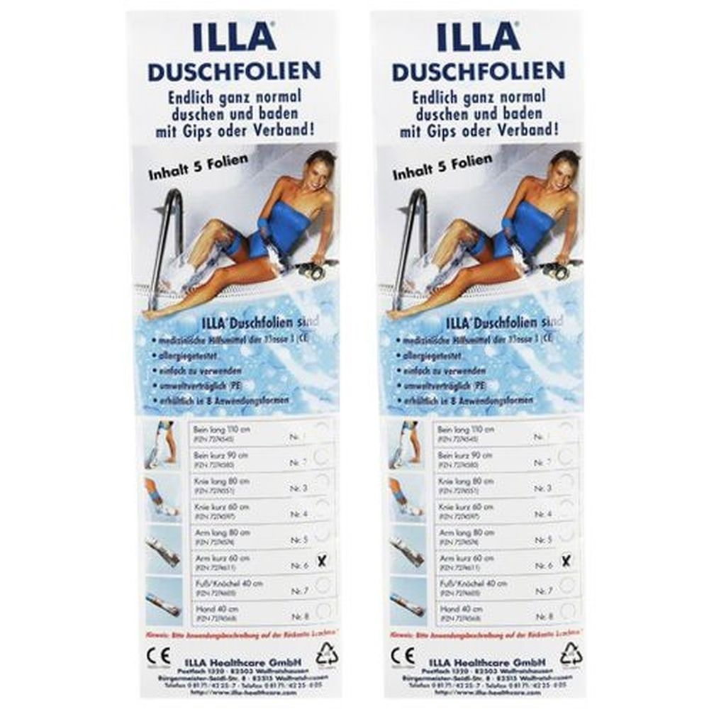 Zwei Verpackungen von ILLA Duschfolien. Aufschrift: Endlich normal duschen und baden mit Gips oder Verband! Inhalt 5 Folien. CE-Zeichen.