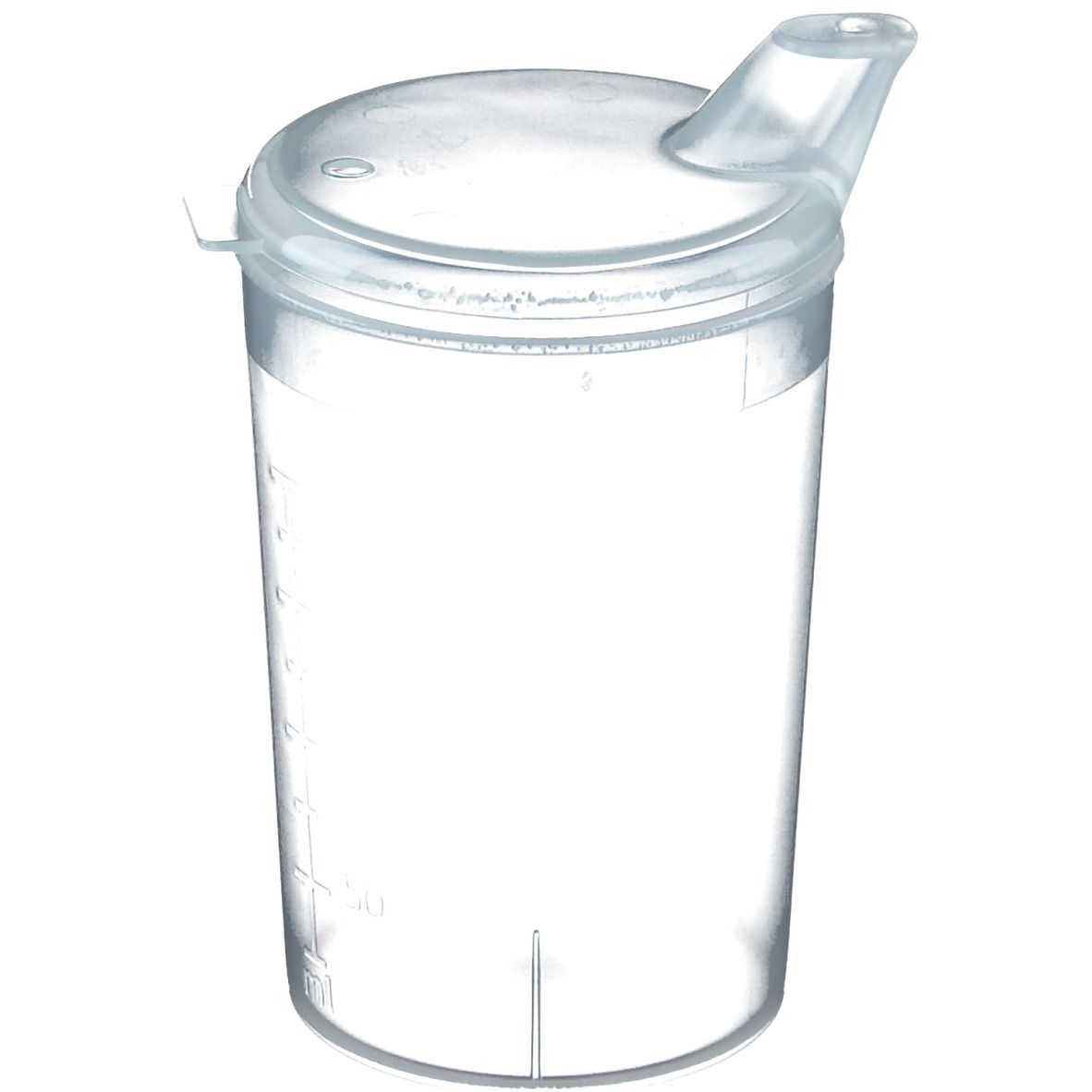 Transparenter Schnabelbecher mit kleiner Öffnung, Deckel und Messskala. Kunststoffbecher mit Ausguss und Deckel.