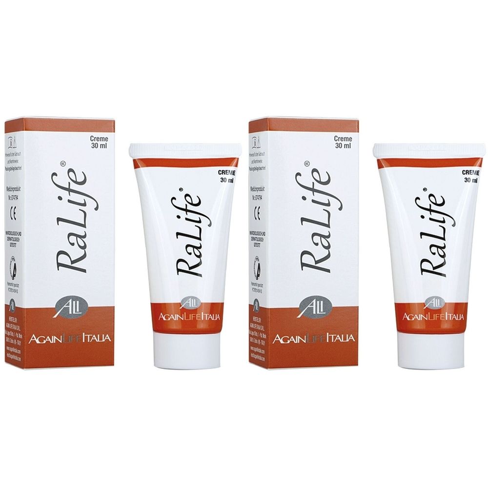 Mehrere Tuben und Schachteln mit Produktaufdruck. Aufschrift: RaLife, Creme, 30 ml. Verpackung in Weiß, Rot und Braun. Marke: AGAIN LIFE ITALIA.