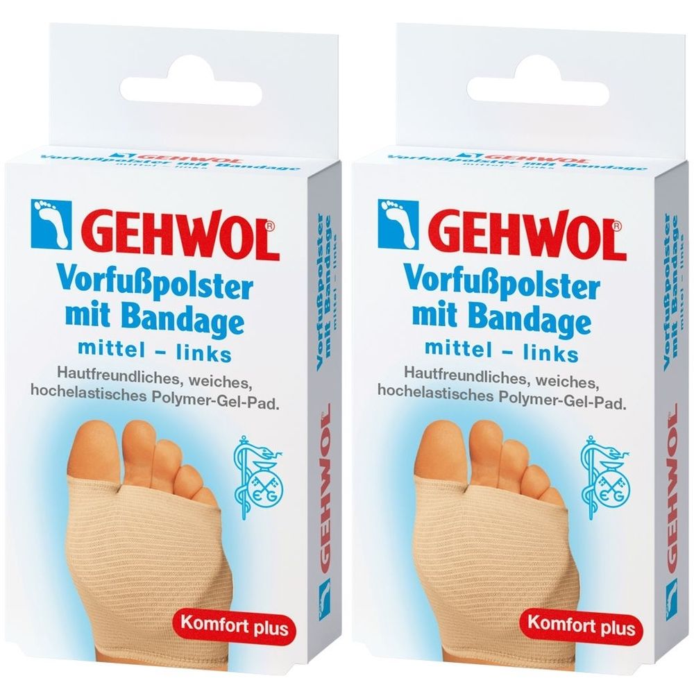 Zwei Packungen GEHWOL Vorfußpolster mit Bandage. Weiße Kartons mit Produktabbildung und Text. Komfort plus.