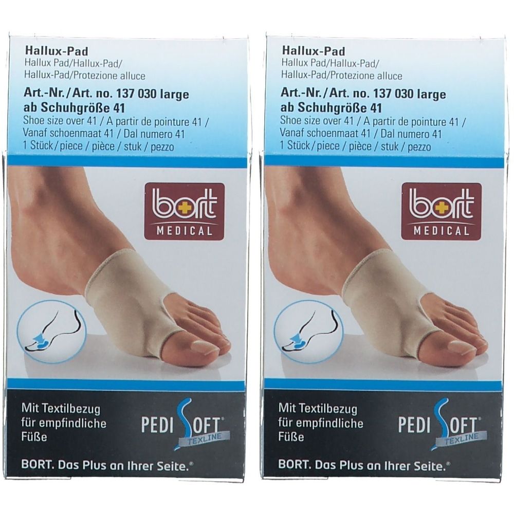Zwei Packungen BORT PediSoft TexLine Hallux-Pad. Beige Textilbezug, Schuhgröße 41. Produktname und Marke sichtbar.