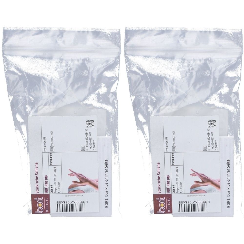 Zwei transparente Beutel mit Produktkarten. Auf den Karten steht "Stock'sche Schiene" und "BORT MEDICAL".